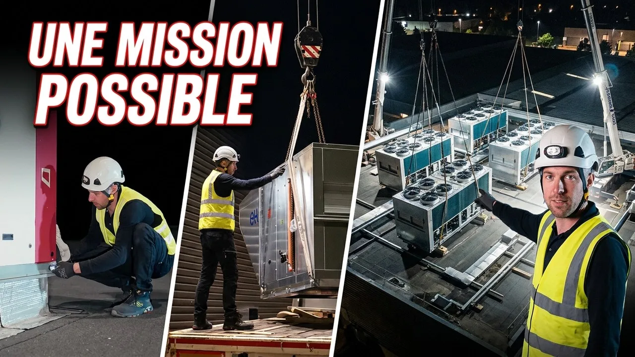 Changement des groupes froid d'une grande surface, de nuit, au camion-grue
